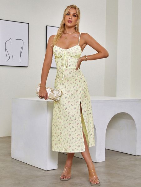 parthea ditsy floral ruched bust high split dress r7on#, Black;gray