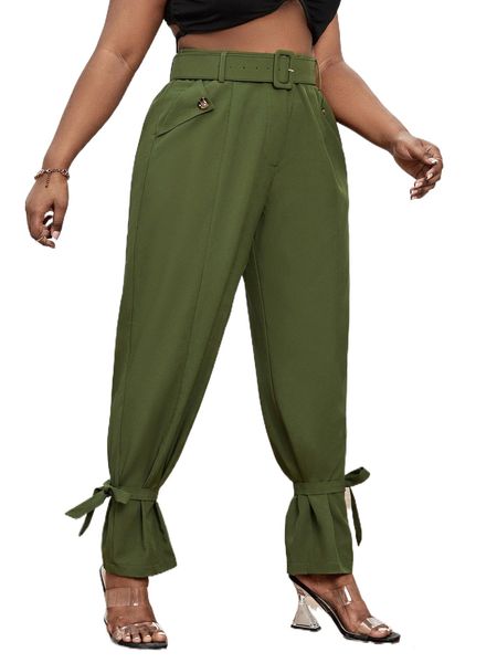 plus tie hem belted tapered pants n4bg#, Black