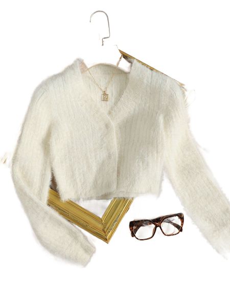 button front fuzzy knit cardigan d8kg#, White;black