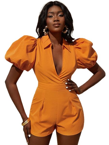 plunging neck puff sleeve plicated detail romper a5lm#, Black;white
plunging neck puff sleeve plicated detail romper a5lm#, Black;white