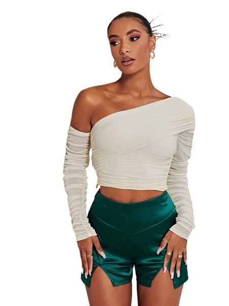 asymmetrical neck ruched side wrap glitter tee t7ck#, White
asymmetrical neck ruched side wrap glitter tee t7ck#, White