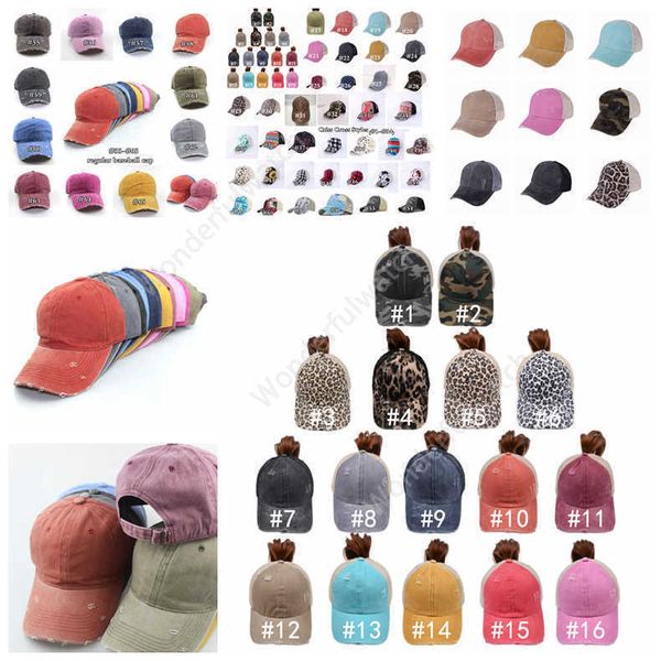 Image of Ponytail Hat 65 Styles Washed Distressed Messy Buns Ponycaps Baseball Cap Leopard Sunflower Dad Trucker Mesh hat Outdoor Sport Adjustable 200pcs DAW451