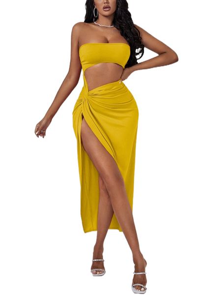 sxy cutout twist front split thigh dress d4n8#, Black;gray