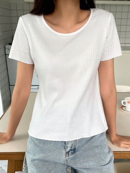 dazy round neck ribbed knit tee s7do#, White