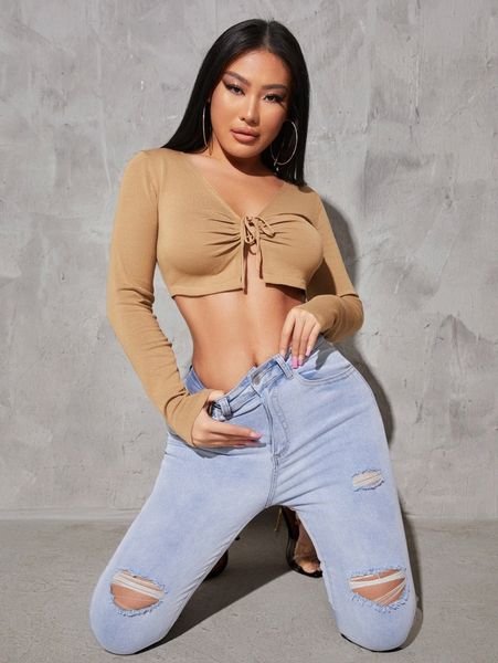 drawstring ruched bust crop sweater o2yl#, White;black