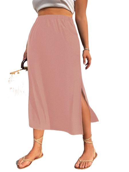 plus solid split thigh skirt g0ac#, Black