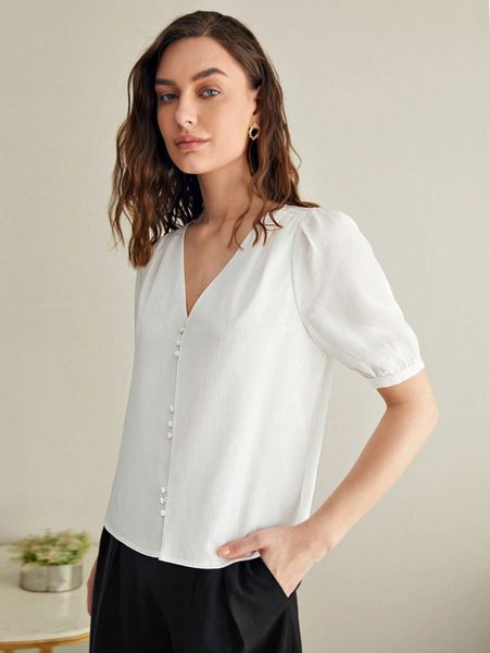 puff sleeve button front blouse h7t2#, White