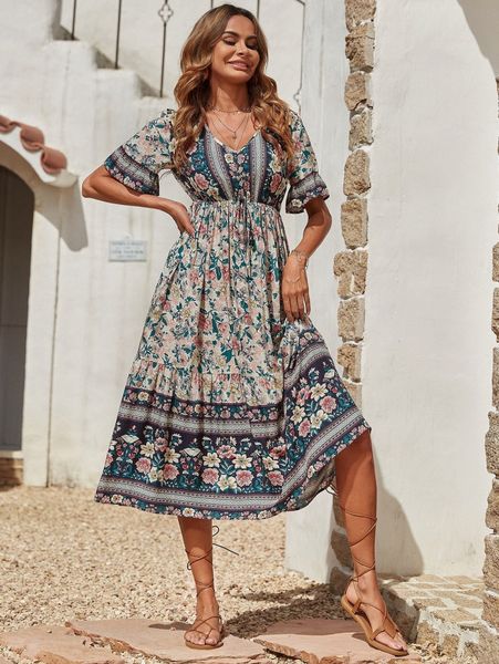 floral print tie waist ruffle hem dress j1j3#, Black;gray