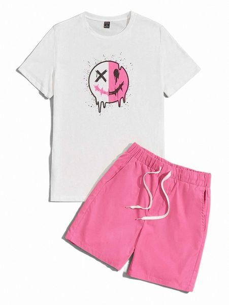 men cartoon graphic tee & drawstring waist shorts set c5ra#, Gray