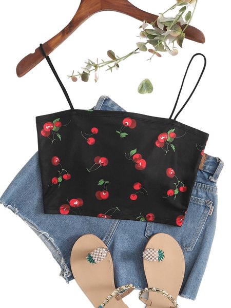 plus cherry print cami x4mp#, Black