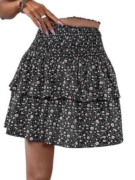 ditsy floral shirred layered hem skirt y8q8#, Black
