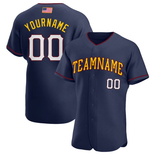 custom navy white-gold authentic american flag fashion baseball jersey, Black