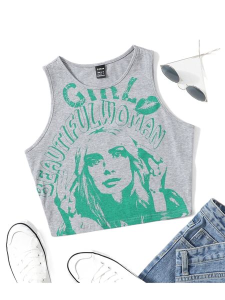 letter & figure pattern crop tank s5hx#, White