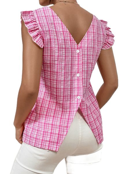 plaid print ruffle trim blouse j2xo#, White