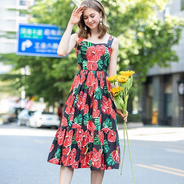 women's runway dress spaghetti straps ruffles sleeveless floral printed high street fashion holiday summer midi dresses vestidos, Black
women's runway dress spaghetti straps ruffles sleeveless floral printed high street fashion holiday summer midi dresses vestidos, Black