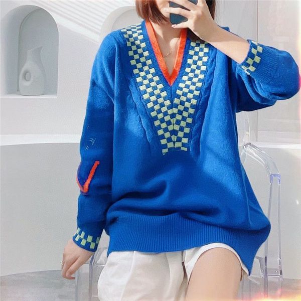 designer l blue vneck knits sweater womens pullover loose design feeling longsleeved top, White
designer l blue vneck knits sweater womens pullover loose design feeling longsleeved top, White