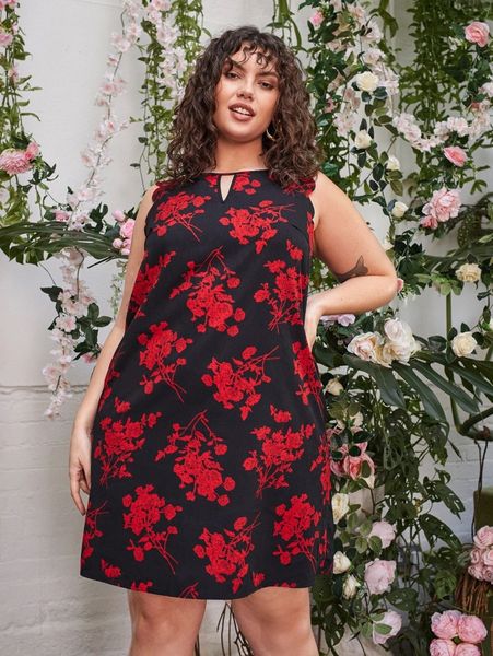 plus floral print scallop trim dress r0wx#, Black