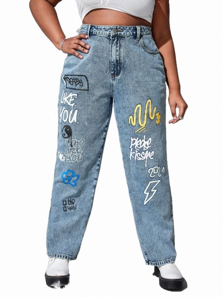 plus floral & letter graphic high waist straight leg jeans r3fk#, Blue
plus floral & letter graphic high waist straight leg jeans r3fk#, Blue
