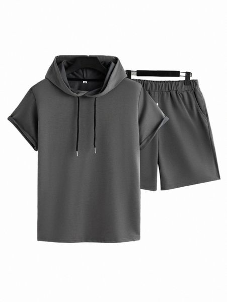 men solid drawstring hooded tee & shorts o0hr#, Gray