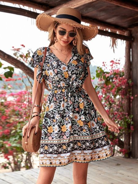 floral print butterfly sleeve knot front dress u59c#, Black;gray 
floral print butterfly sleeve knot front dress u59c#, Black;gray