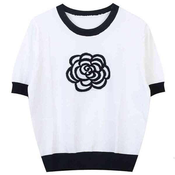 women's sweaters summer t-shirt women's black and white color matching camellia embroidery sweet aging leisure round neck short sl, White;black
women's sweaters summer t-shirt women's black and white color matching camellia embroidery sweet aging leisure round neck short sl, White;black