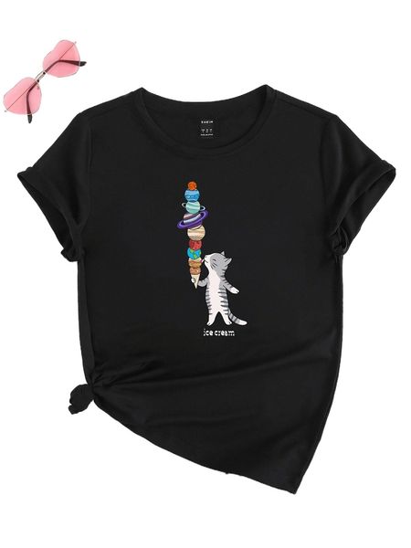 cat & planet print tee k3gl#, White