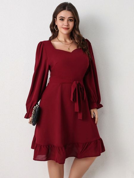 plus sweetheart neck flounce sleeve ruffle hem belted dress a0mm#, Black