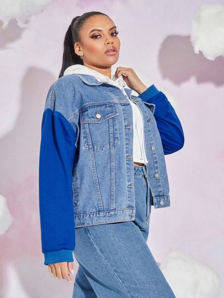 plus colorblock drop shoulder denim jacket y9uc#, Black;brown
plus colorblock drop shoulder denim jacket y9uc#, Black;brown