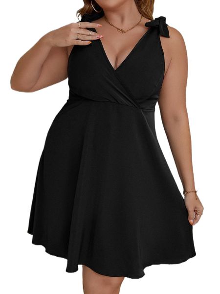 plus tie shoulder a-line dress m41i#, Black