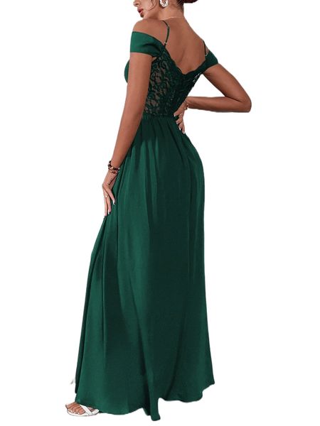 split thigh contrast lace cold shoulder dress 37il#, Black;gray 
split thigh contrast lace cold shoulder dress 37il#, Black;gray