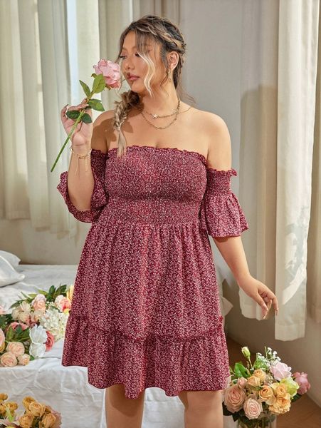 plus plant print shirred off shoulder ruffle hem dress g5lb#, Black 
plus plant print shirred off shoulder ruffle hem dress g5lb#, Black