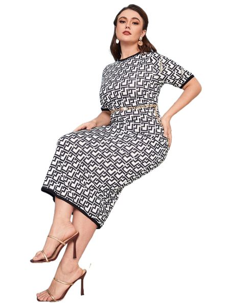 plus allover geo print dress without belt m2ua#, Black 
plus allover geo print dress without belt m2ua#, Black