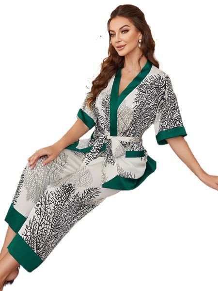 coral print contrast trim belted satin robe & pants pj set z6qq#, Black;red 
coral print contrast trim belted satin robe & pants pj set z6qq#, Black;red