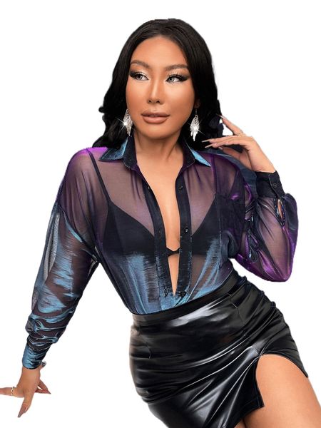 sheer button front drop shoulder shirt without bra a4r5#, White
sheer button front drop shoulder shirt without bra a4r5#, White