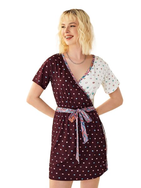 x plumager heart & figure graphic belted dress 35ox#, Black;gray