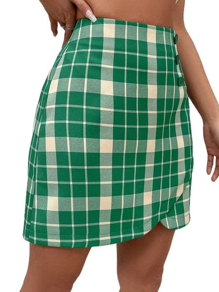 plaid print button detail skirt w5sx#, Black