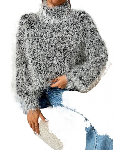 high neck fuzzy sweater t14a#, White;black