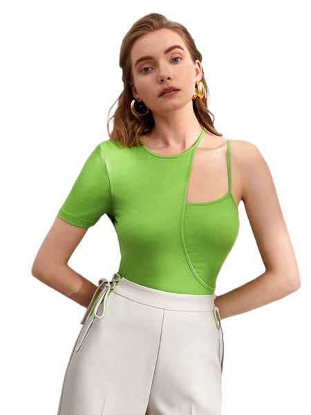 ribbed knit solid asymmetrical neck tee a0e3#, White
ribbed knit solid asymmetrical neck tee a0e3#, White