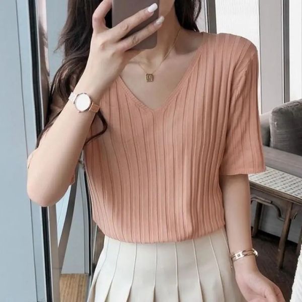 ribbed womens tshirts summer knitting loose elegant vneck blouses striped short sleeve aesthetic clothes korean style 220520, White
ribbed womens tshirts summer knitting loose elegant vneck blouses striped short sleeve aesthetic clothes korean style 220520, White