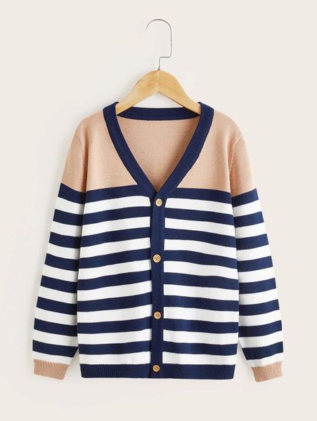 toddler boys striped pattern color block cardigan she, Blue 
toddler boys striped pattern color block cardigan she, Blue