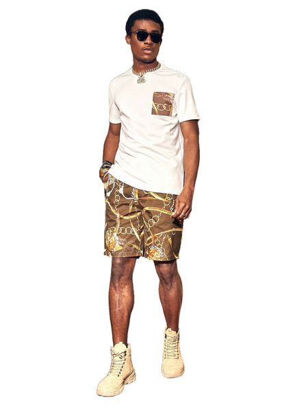 men chain print pocket patched tee & shorts s1fh#, Gray