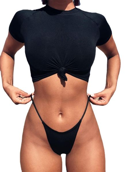 women's swimwear colors two piece swimsuit women solid leopard short sleeves knotted bathing suit beachwear thong trajes de bano mujerw, White;black
women's swimwear colors two piece swimsuit women solid leopard short sleeves knotted bathing suit beachwear thong trajes de bano mujerw, White;black