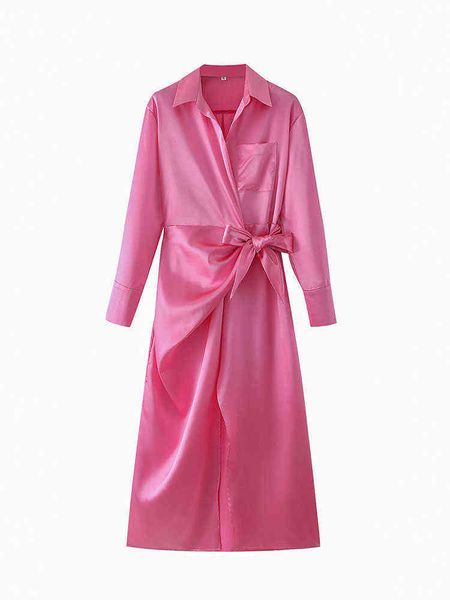 2022 spring women fashion pink satin texture dress with bow belt long sleeve lapel front pocket female long dress l220714, Black;gray
2022 spring women fashion pink satin texture dress with bow belt long sleeve lapel front pocket female long dress l220714, Black;gray