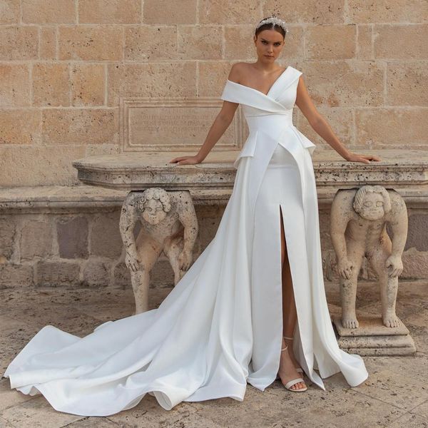 stunning peplum overskirt wedding dresses off the shoulder bridal gowns a line front split sweep train satin beach robe de mariee, White
stunning peplum overskirt wedding dresses off the shoulder bridal gowns a line front split sweep train satin beach robe de mariee, White