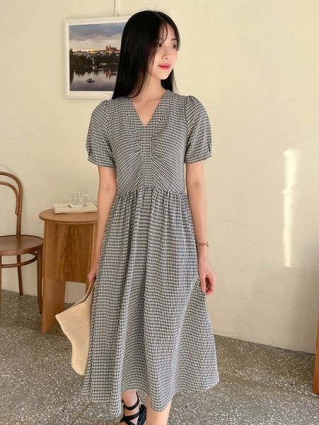 dazy gingham print ruched puff sleeve dress y5jn#, Black;gray