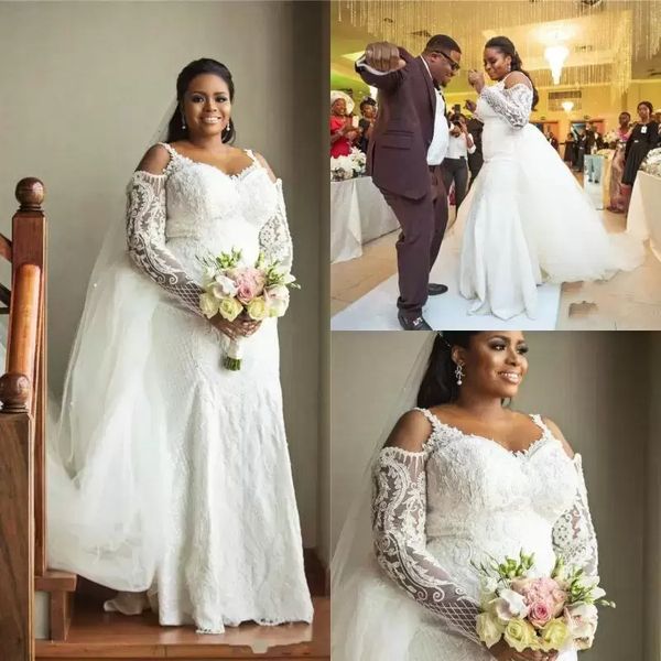 gorgeous plus size mermaid wedding dresses bridal gown with overskirt spaghetti straps lace applique sweep train long sleeves custom made ve, White
gorgeous plus size mermaid wedding dresses bridal gown with overskirt spaghetti straps lace applique sweep train long sleeves custom made ve, White