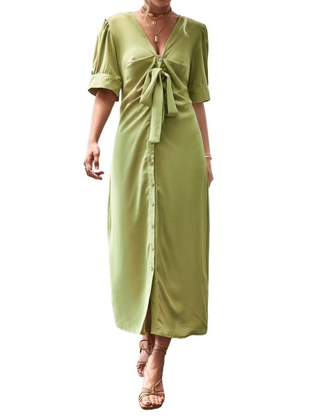 puff sleeve single breasted knot front dress o5dk#, Black;gray