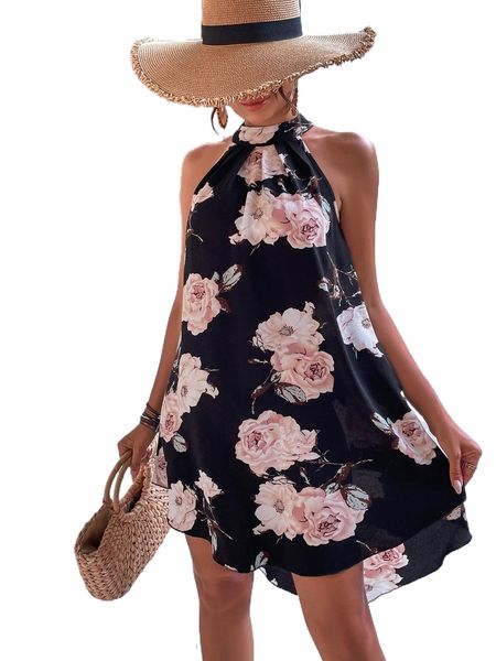 floral print halter flowy dress l8ys#, Black;gray
