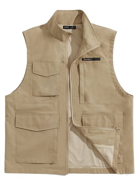 men slogan graphic flap pocket vest jacket y8uj#, Black;brown 
men slogan graphic flap pocket vest jacket y8uj#, Black;brown