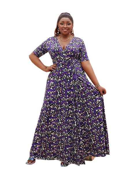 plus allover print surplice neck a-line dress k2io#, Black